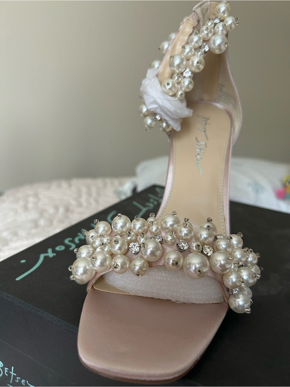 Betsey Johnson Blush Satin Pearl-Cluster High Heel Sandals - Picture 2 of 5